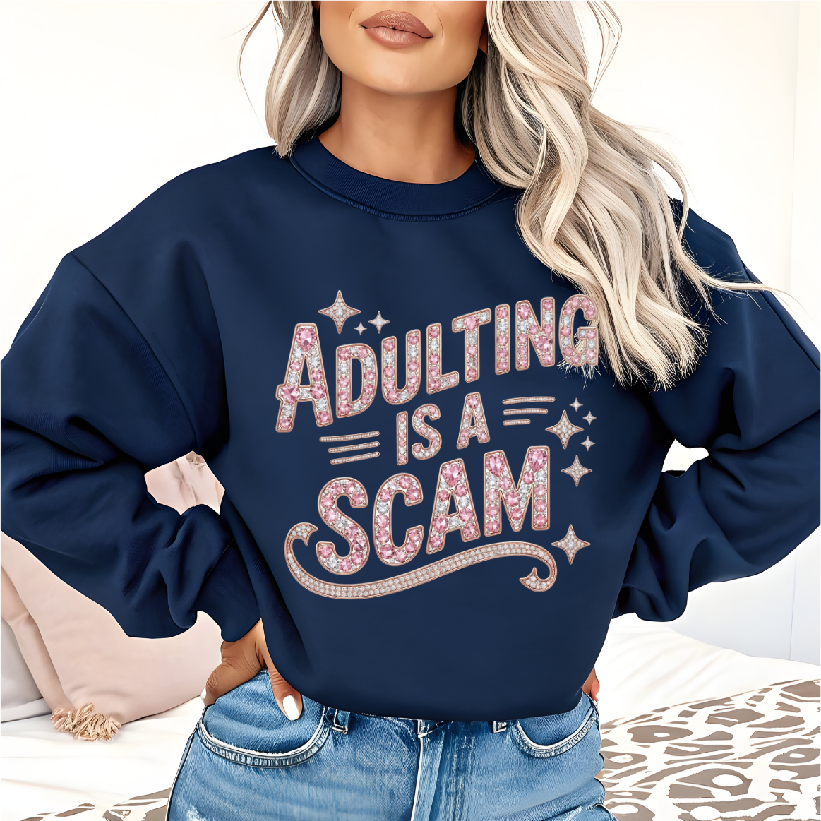 Adulting Is A Scam Faux Rhinestones DTF Transfer