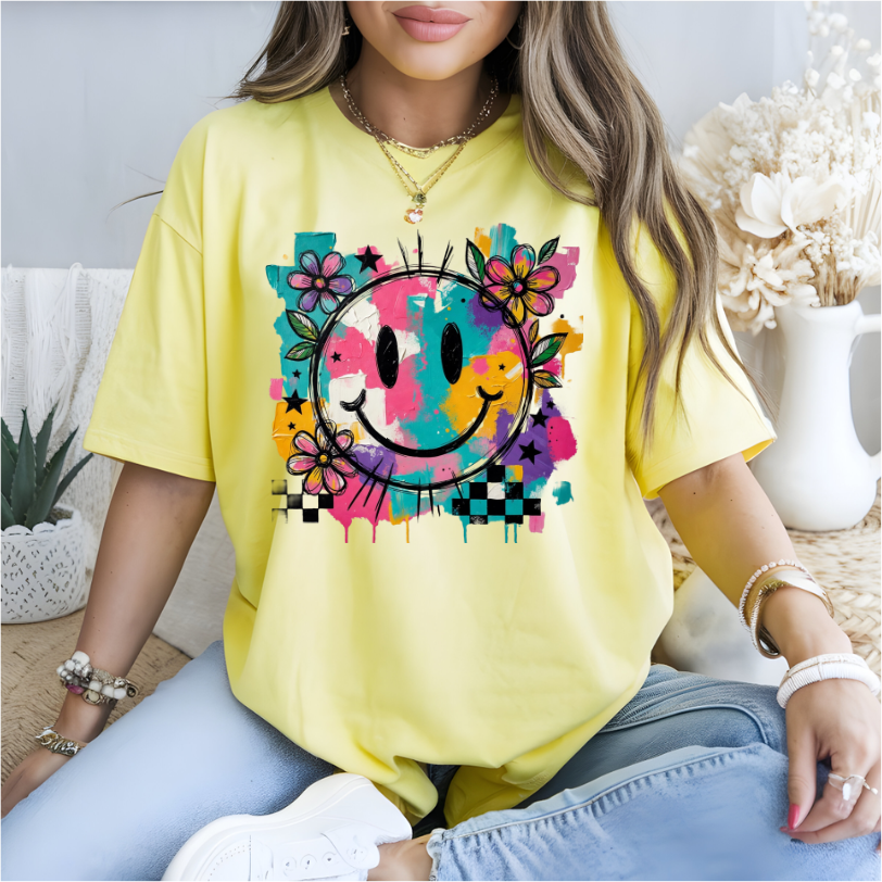 Checkered Watercolor Smiley Face DTF Transfer