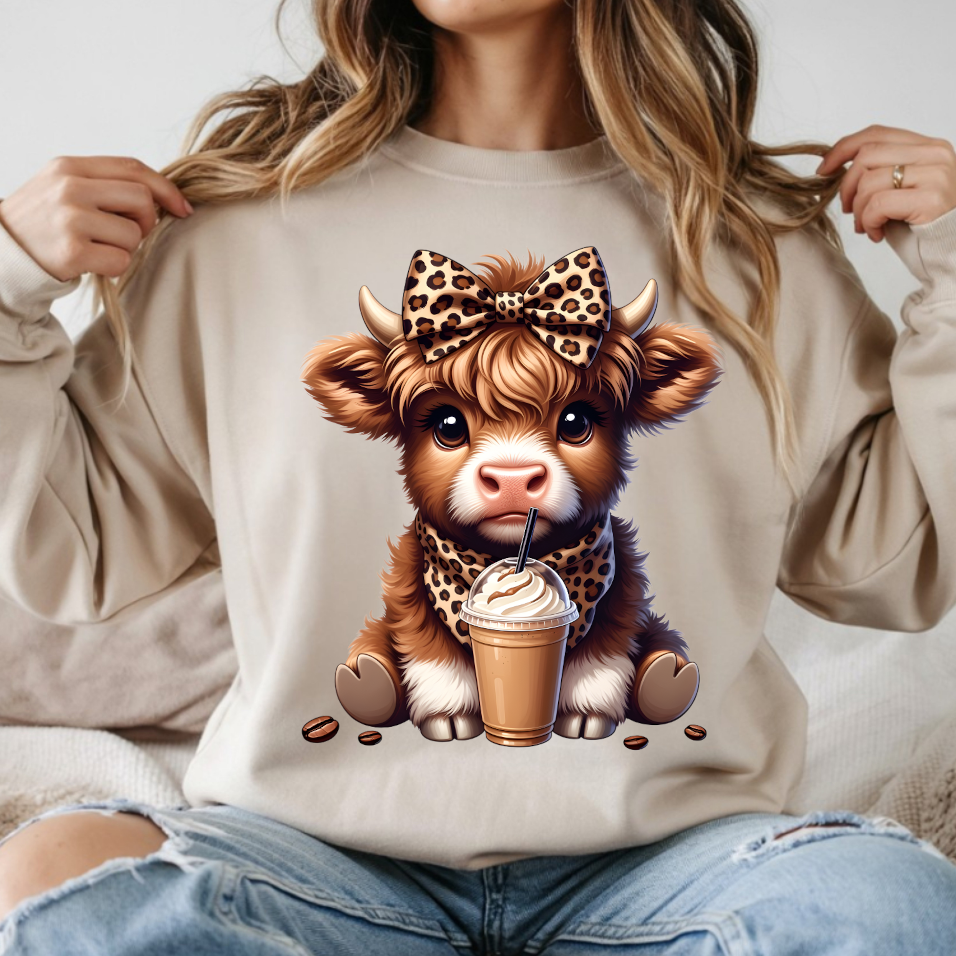 Coffee Addict Leopard Highland Cow DTF Transfer