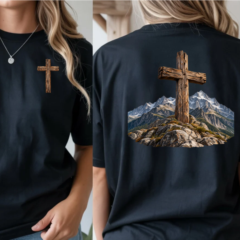 Distressed Wooden Cross Mountains DTF Transfer