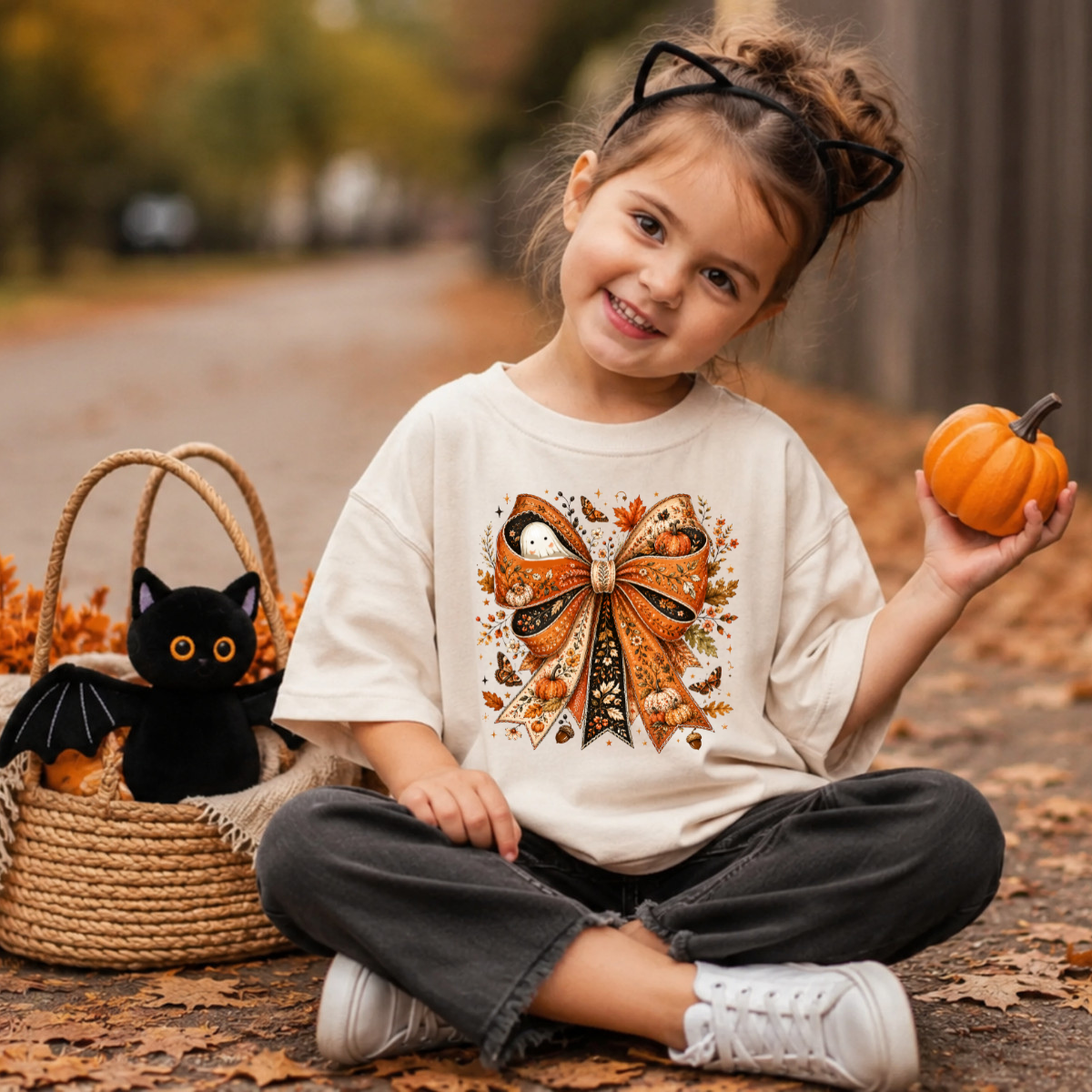 Fall Orange Bow with Ghost DTF Transfer
