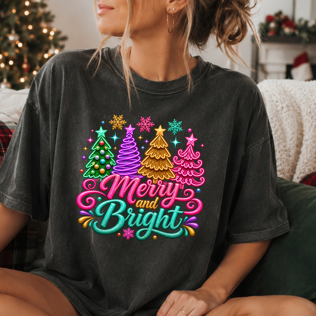Glittery Merry and Bright Christmas Trees DTF Transfer