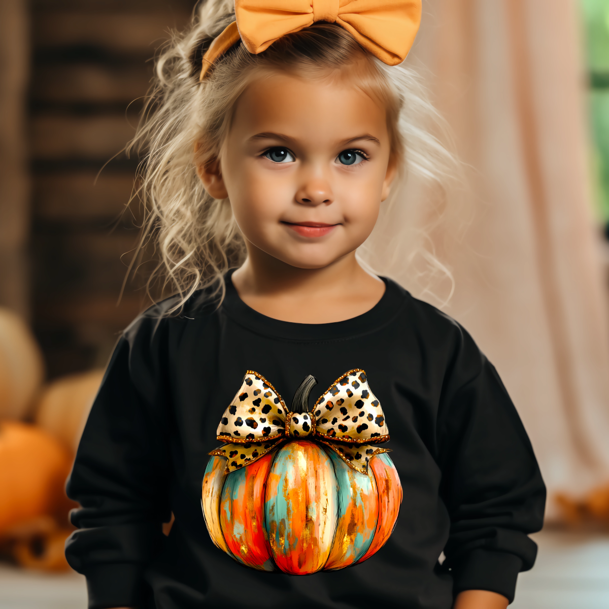 Gold Glitter Leopard Bow Pumpkin DTF Transfer