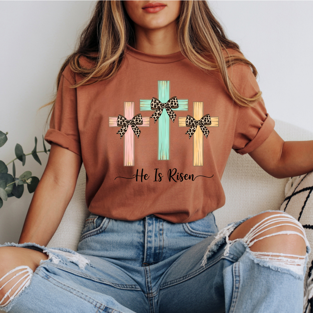 He Is Risen Easter Crosses with Bow DTF Transfer