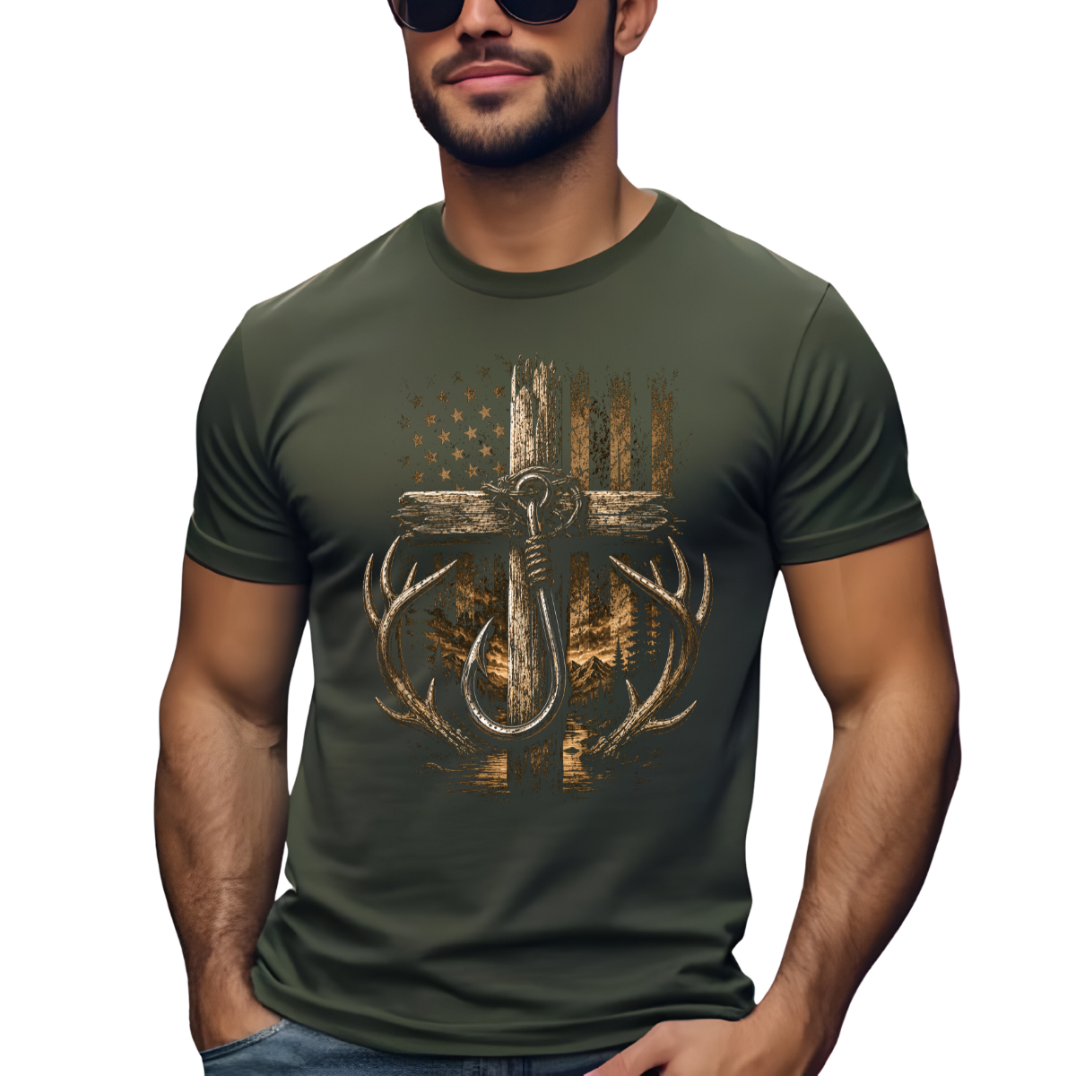 Hunting Fishing Flag Cross DTF Transfer