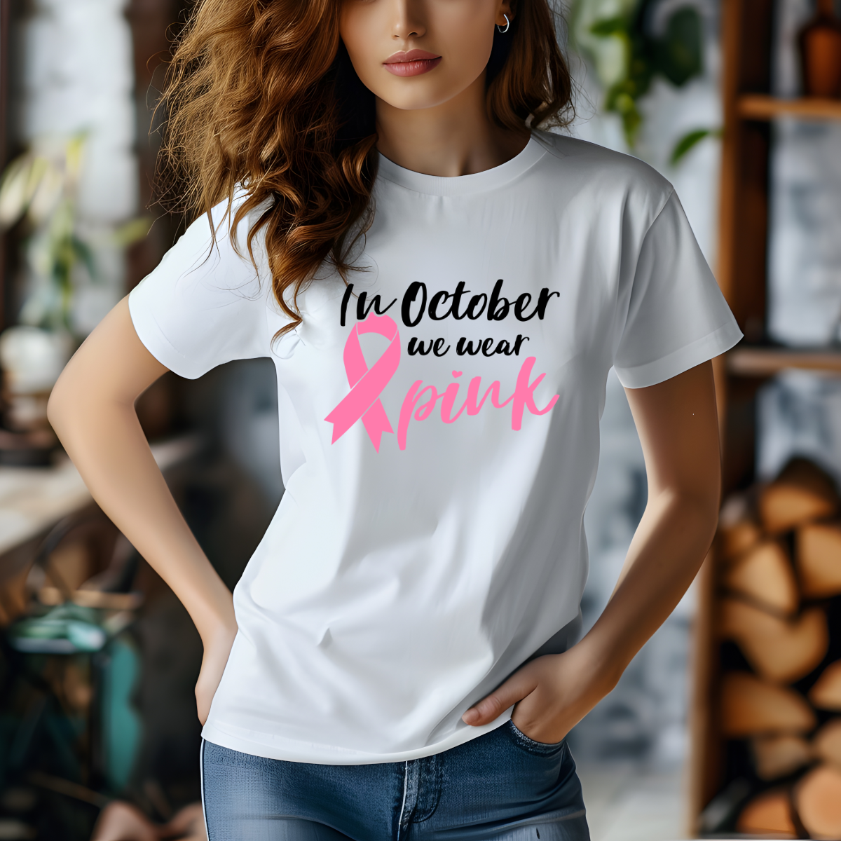 In October We Wear Pink Breast Cancer Ribbon DTF Transfer