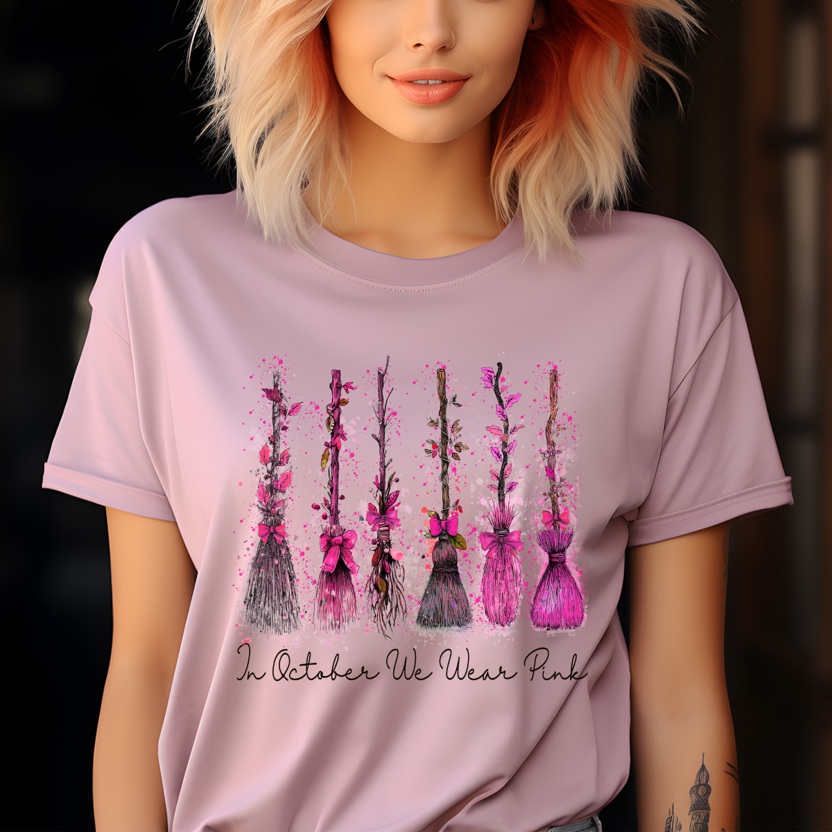 In October We Wear Pink Brooms DTF Transfer