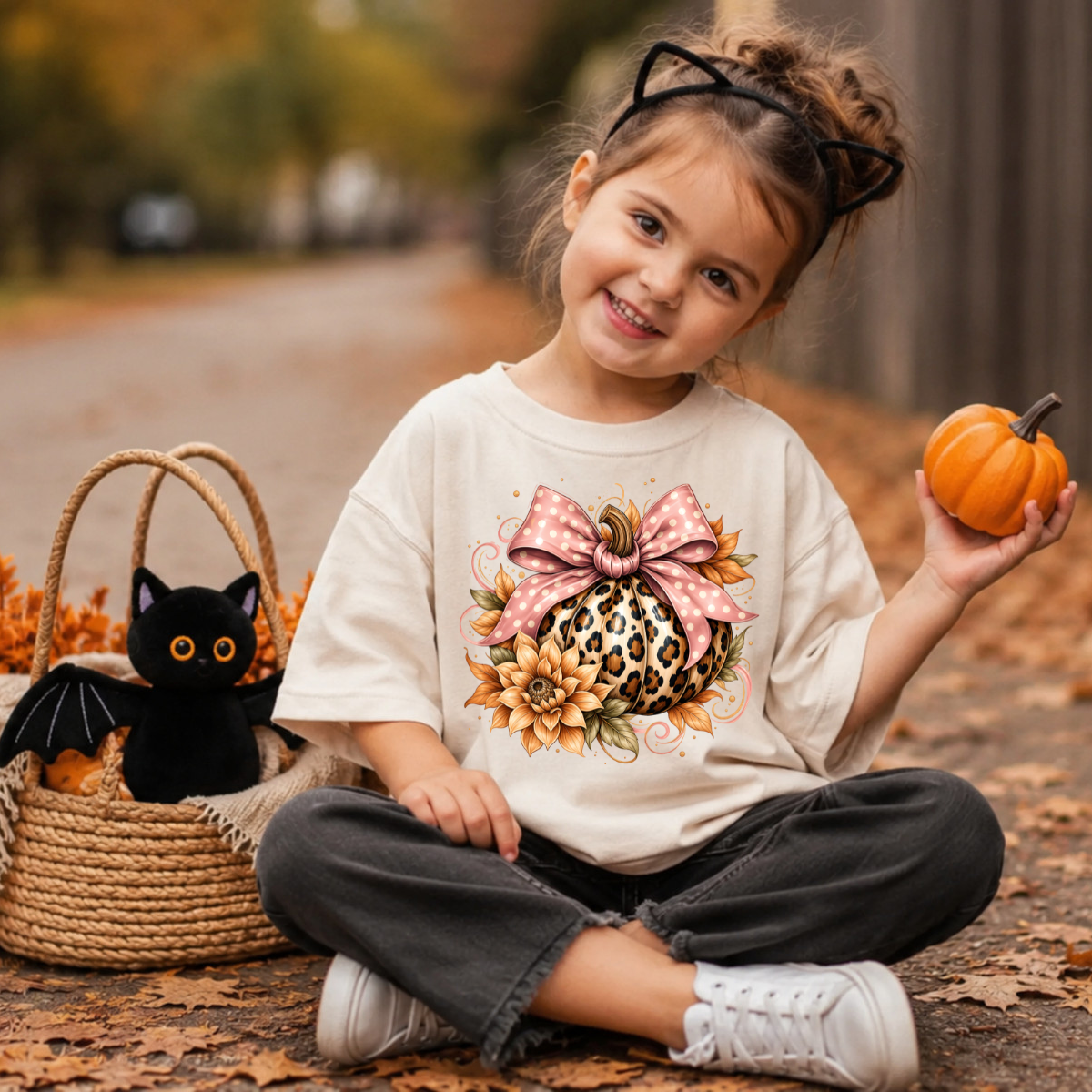 Leopard Pumpkin with Pink Polka Dot Bow DTF Transfer