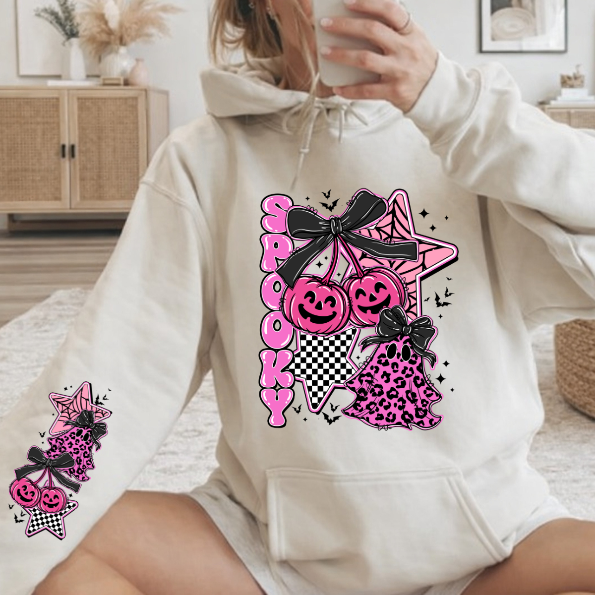 Pink Spooky Stars Cheetah Ghost with Sleeves DTF Transfer