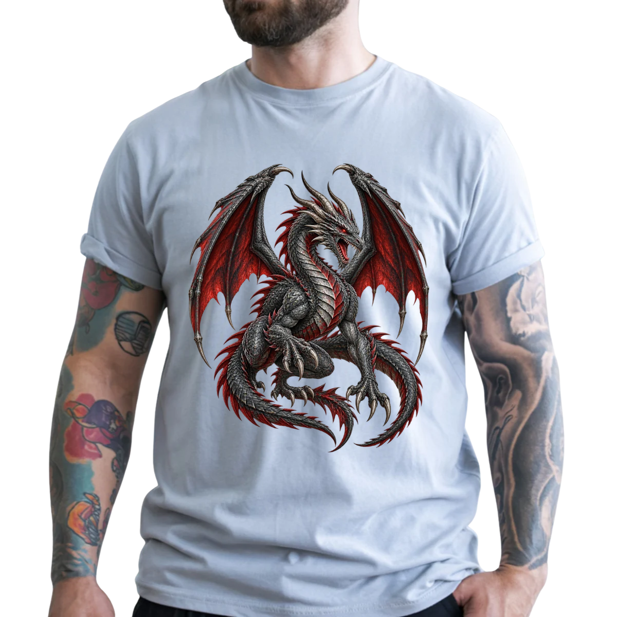 Coiled Steel-Gray Dragon with Crimson Accents DTF Transfer