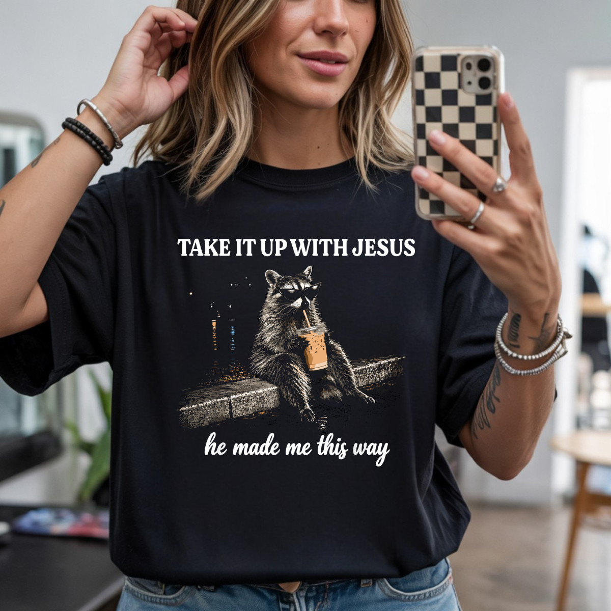 Take It Up With Jesus Raccoon DTF Transfer