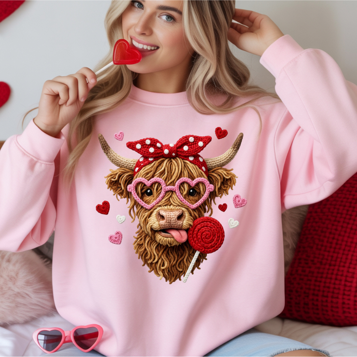 Valentines Faux Yarn Highland Cow w/ Sucker DTF Transfer