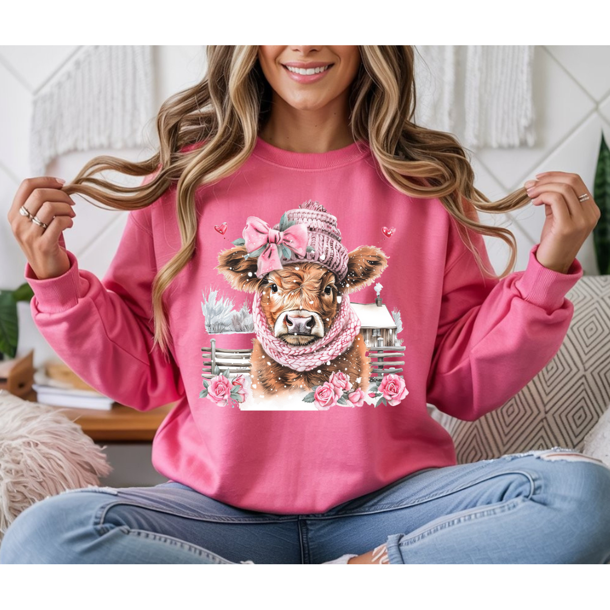 Pink Flowers Winter Highland Cow DTF Transfer