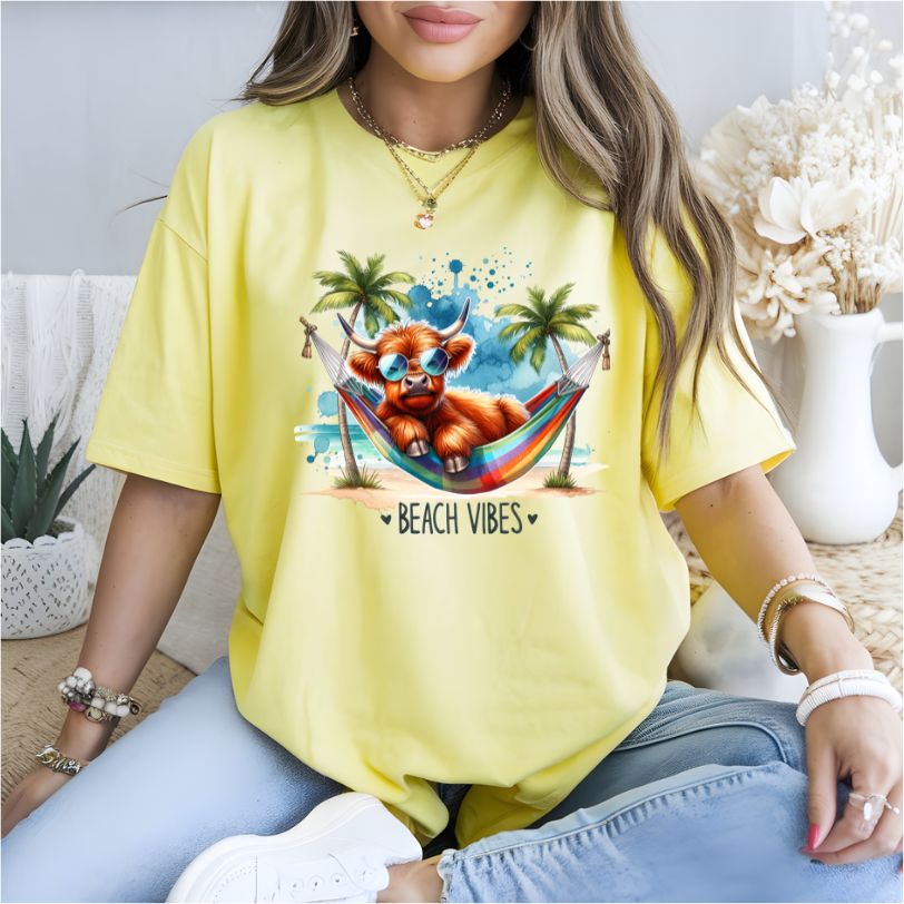 Beach Vibes Highland Cow DTF Transfer
