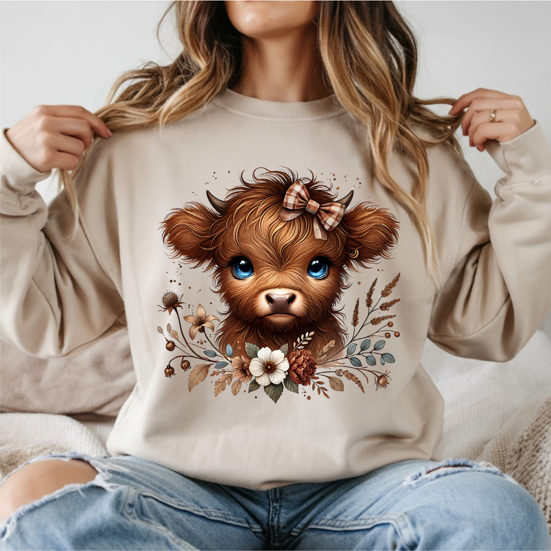 Brown Cow Blue Eyes Flowers DTF Transfer