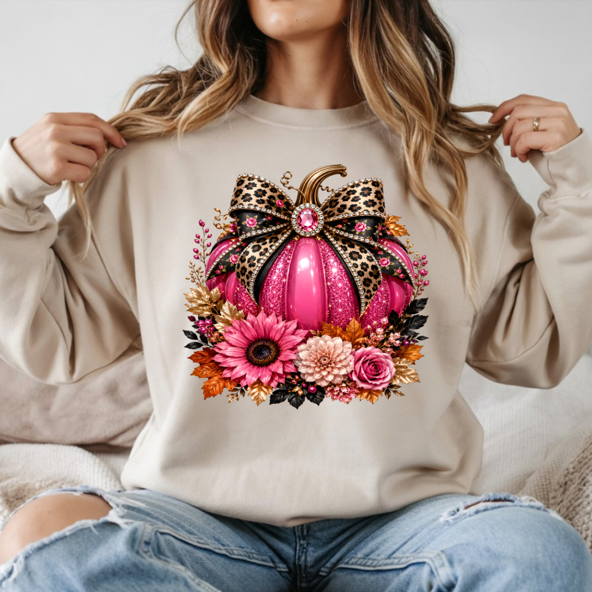 Chic Pink Fall Leopard Floral Pumpkin DTF Transfer