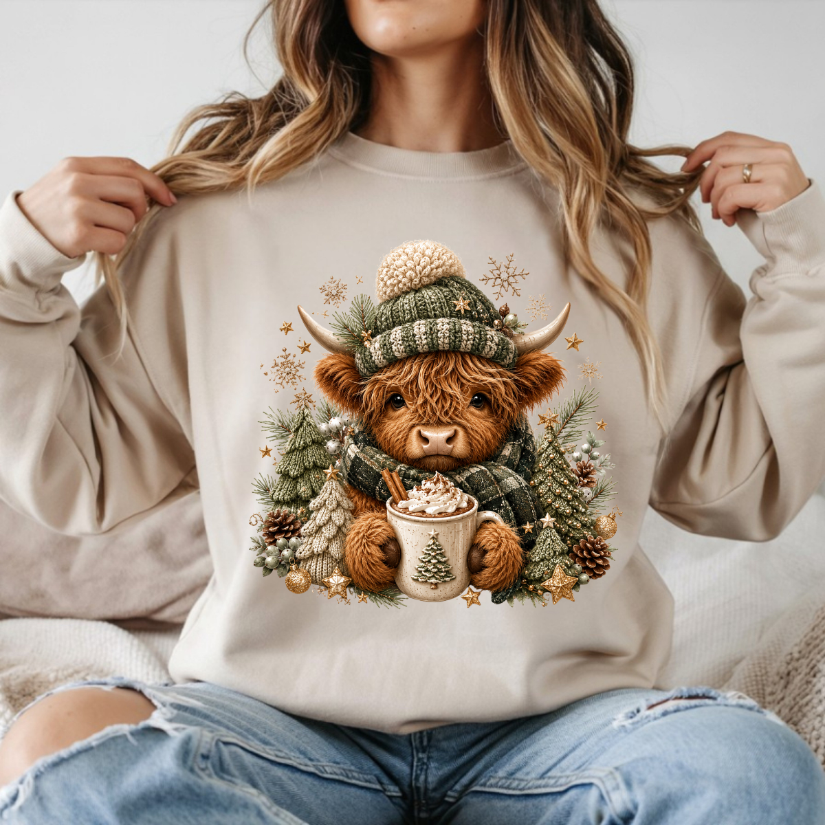 Cozy Highland Cow Green DTF Transfer