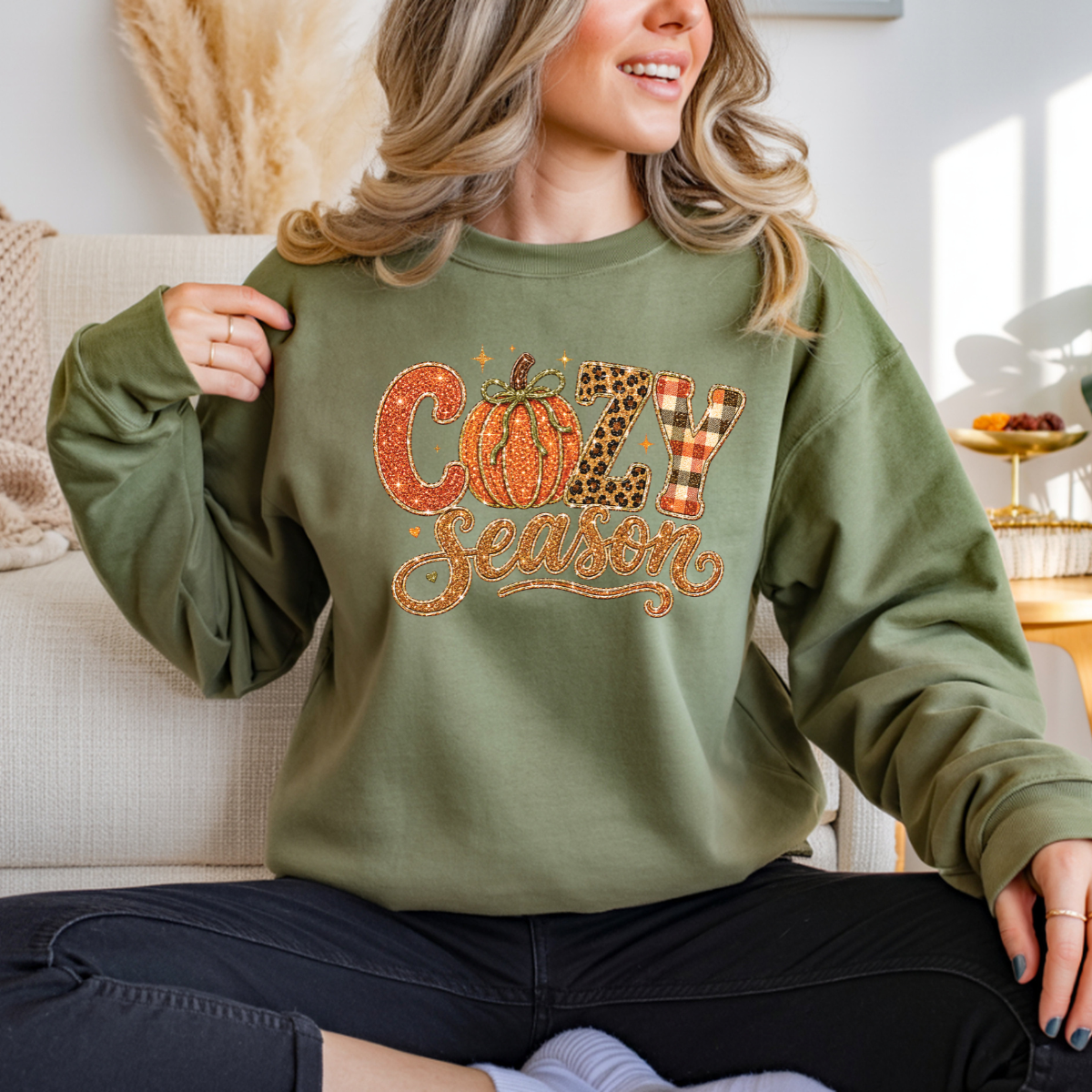 Cozy Season Pumpkin Faux Glitter DTF Transfer