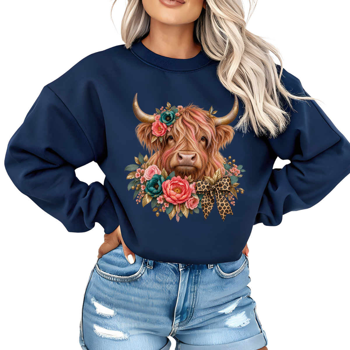 Floral Highland Cow with Leopard Bow DTF Transfer