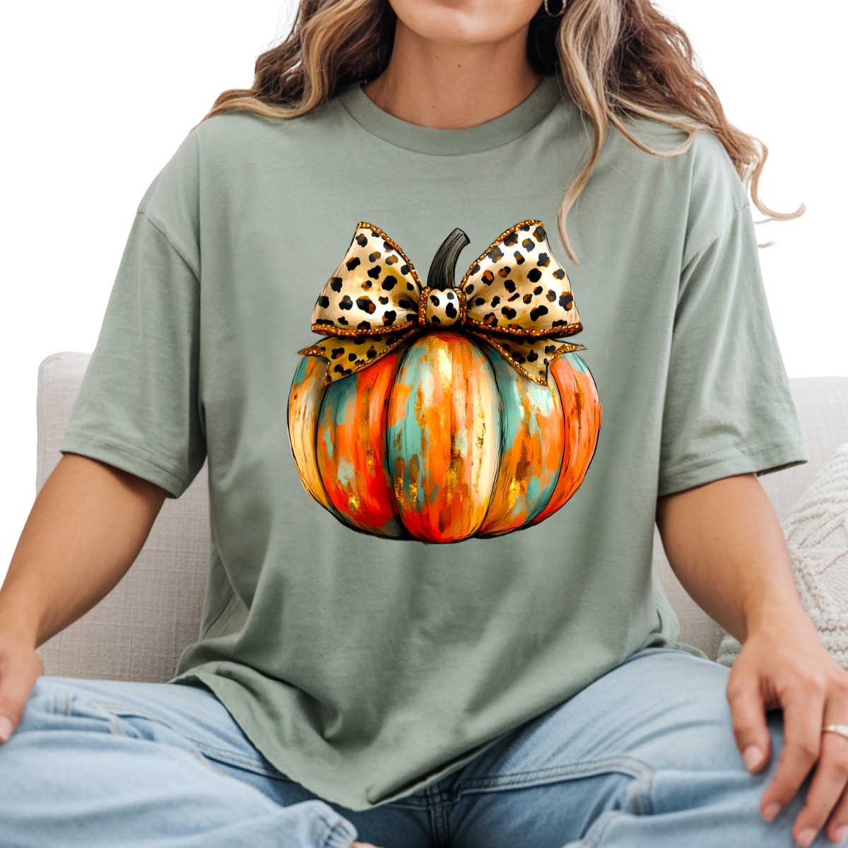 Gold Glitter Leopard Bow Pumpkin DTF Transfer