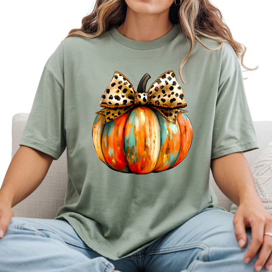 Gold Glitter Leopard Bow Pumpkin DTF Transfer