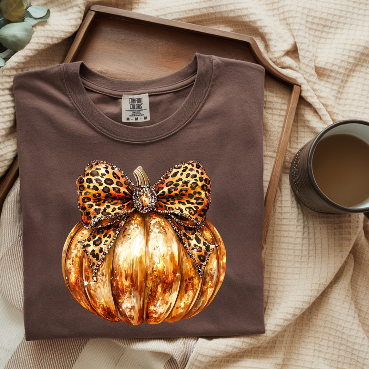 Gold Pumpkin with Leopard Bow DTF Transfer