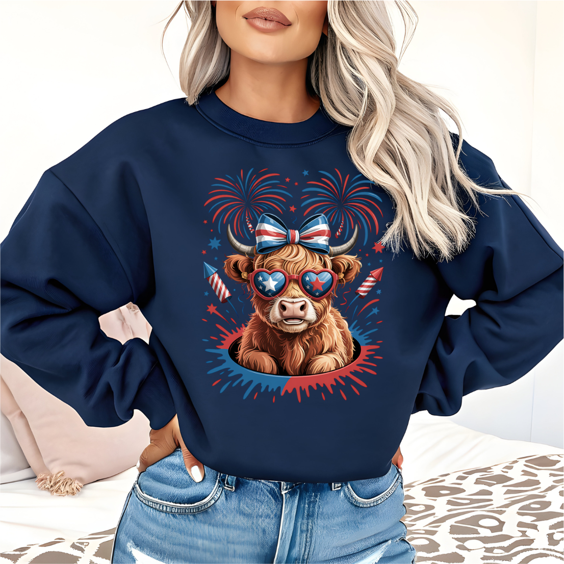 Patriotic Cute Highland Cow w/ Rockets DTF Transfer