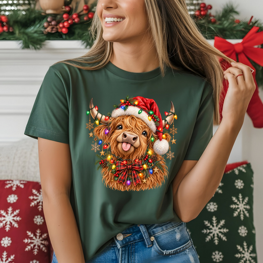 Highland Cow Santa Hat and Lights DTF Transfer