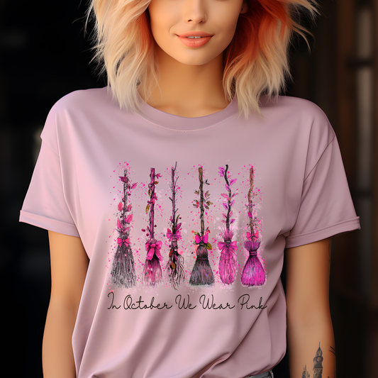 In October We Wear Pink Brooms DTF Transfer