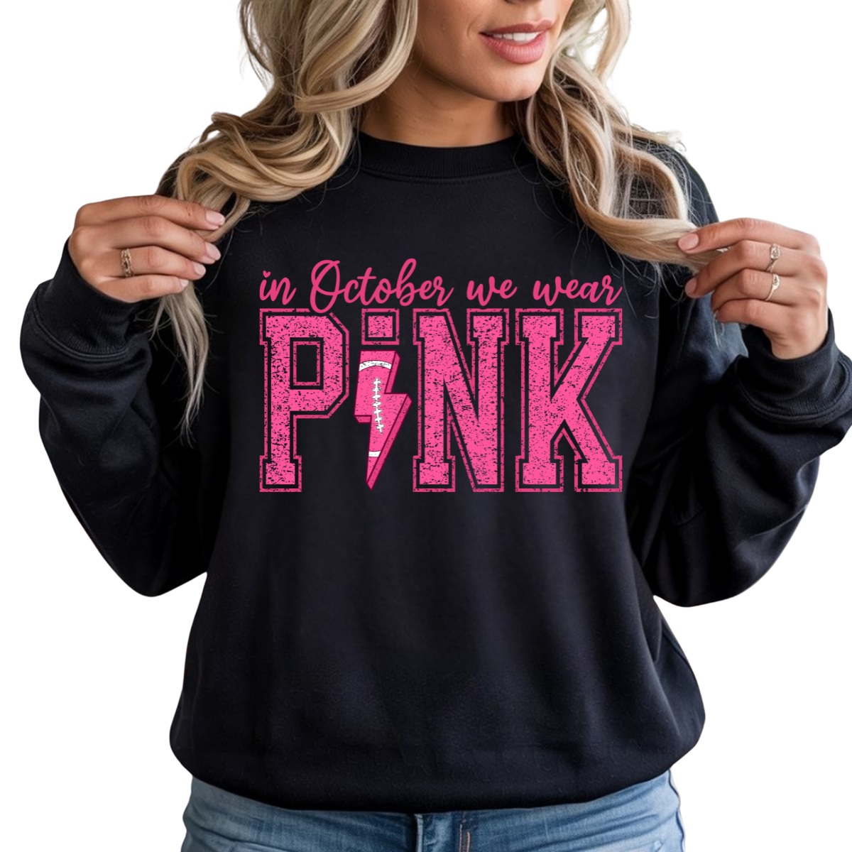 In October We Wear Pink Lightning Football DTF Transfer