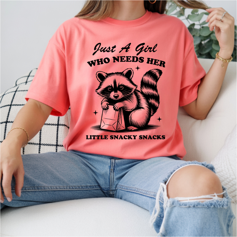 Just A Girl Who Needs Her Snacky Snacks Racoon DTF Transfer