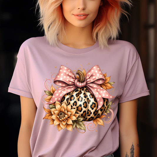 Leopard Pumpkin with Pink Polka Dot Bow DTF Transfer