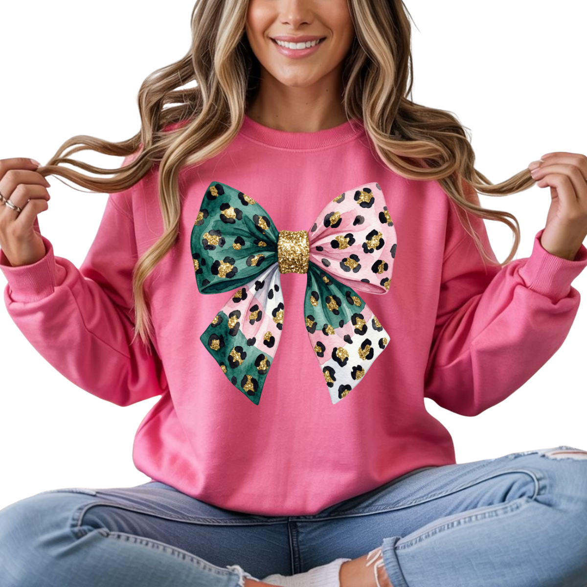 Leopard Teal Pink Bow DTF Transfer