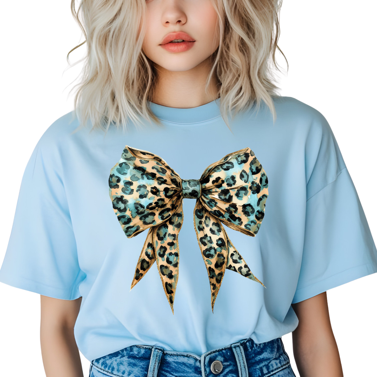 Light Blue Leopard Bow DTF Transfer