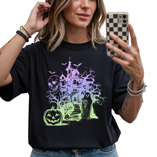 Neon Halloween Haunted House DTF Transfer