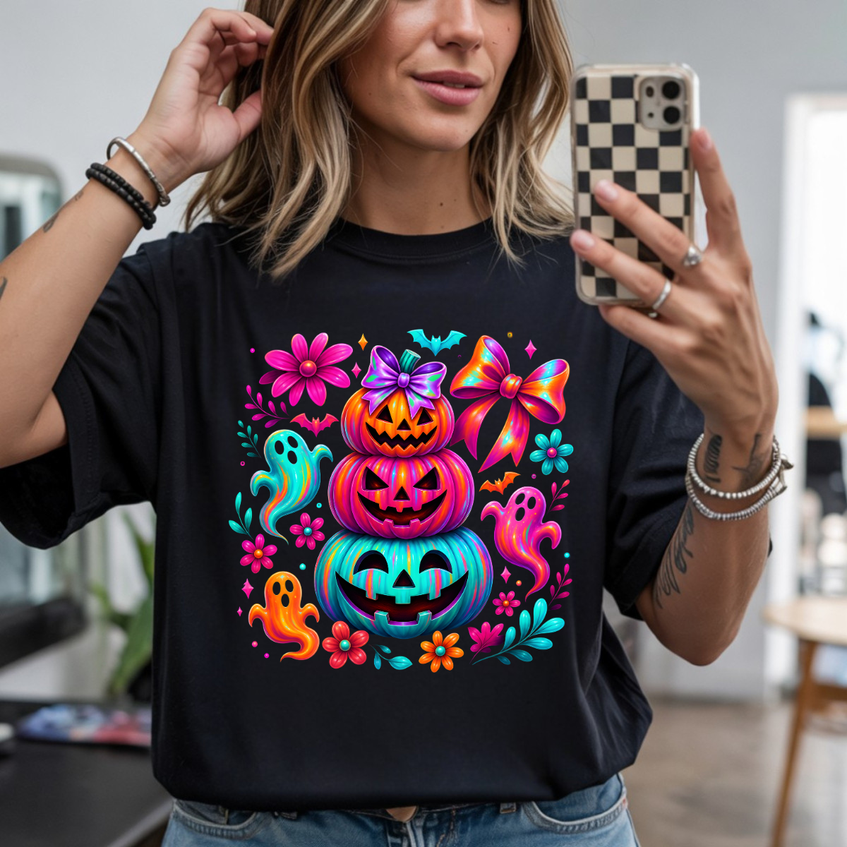 Neon Pumpkin Stack DTF Transfer