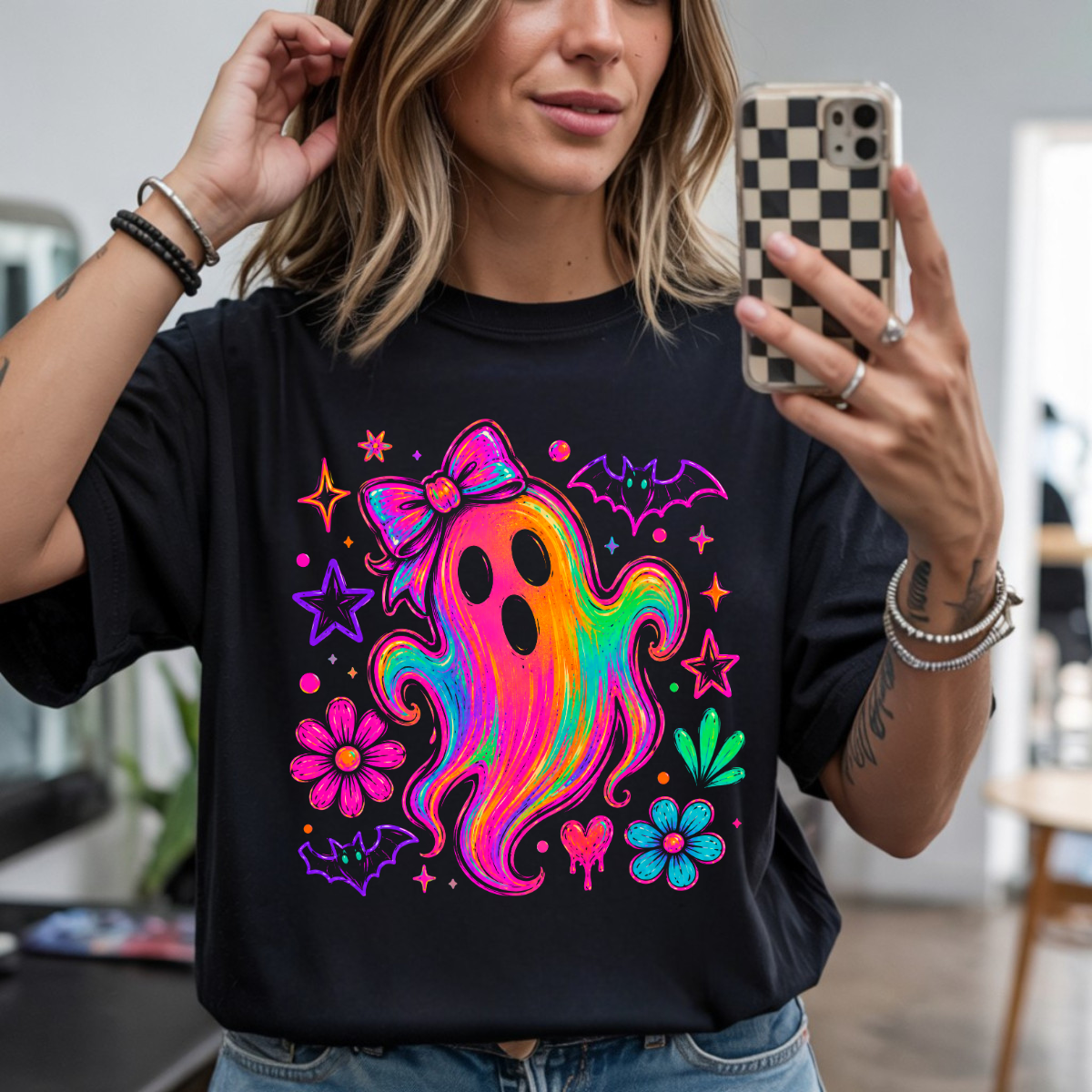 Neon Rainbow Ghost Halloween DTF Transfer