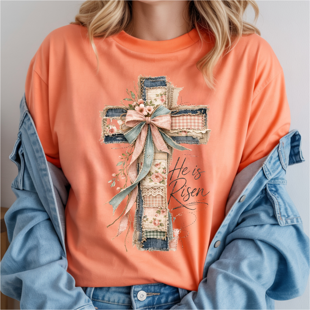 Patchwork Cross He is Risen Easter DTF Transfer
