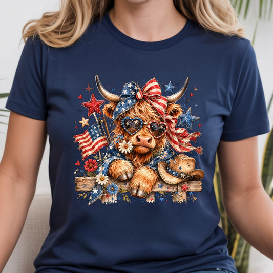 Patriotic Highland Cow - Cowboy Hat Flag and Bow DTF Transfer