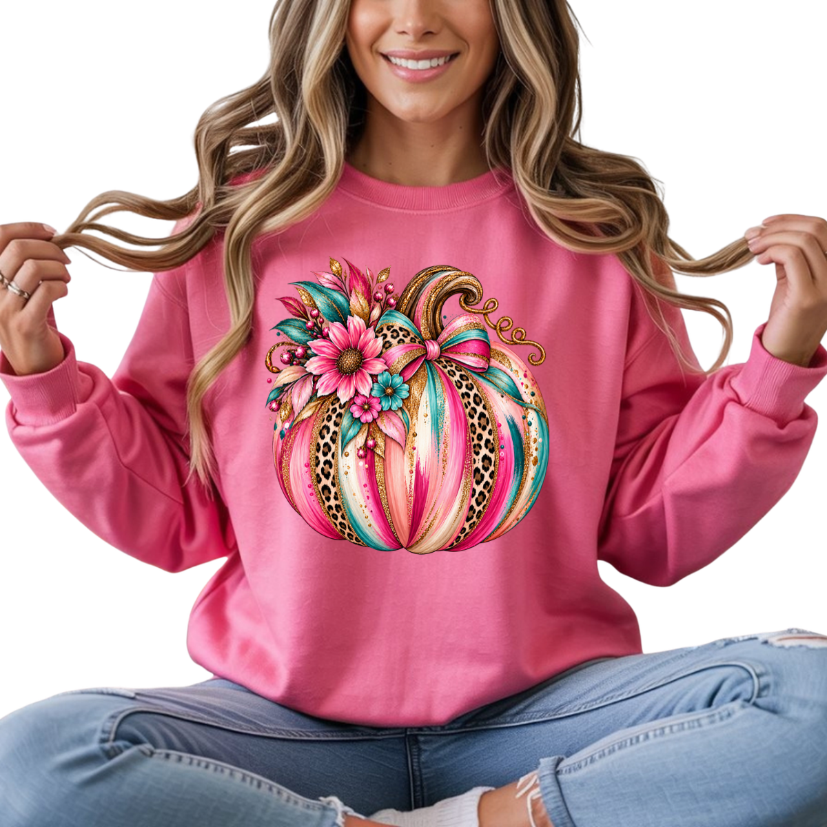 Pink Brushstrokes Glitter Leopard Pumpkin DTF Transfer
