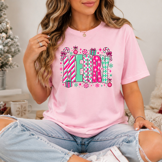 Preppy Pink Merry Christmas DTF Transfer