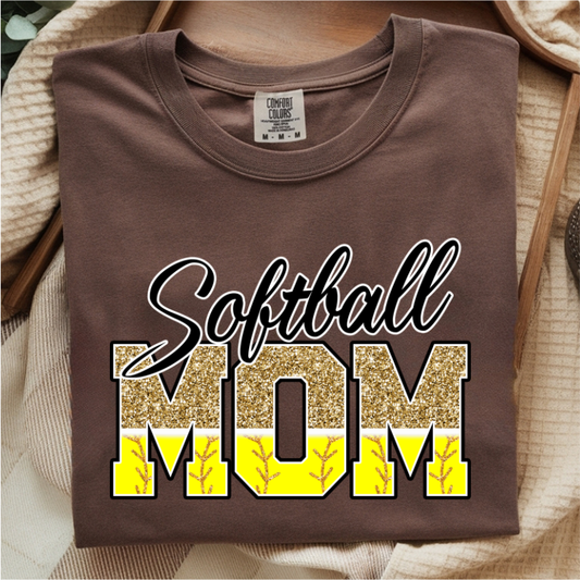 Softball Mom Gold Faux Glitter DTF Transfer