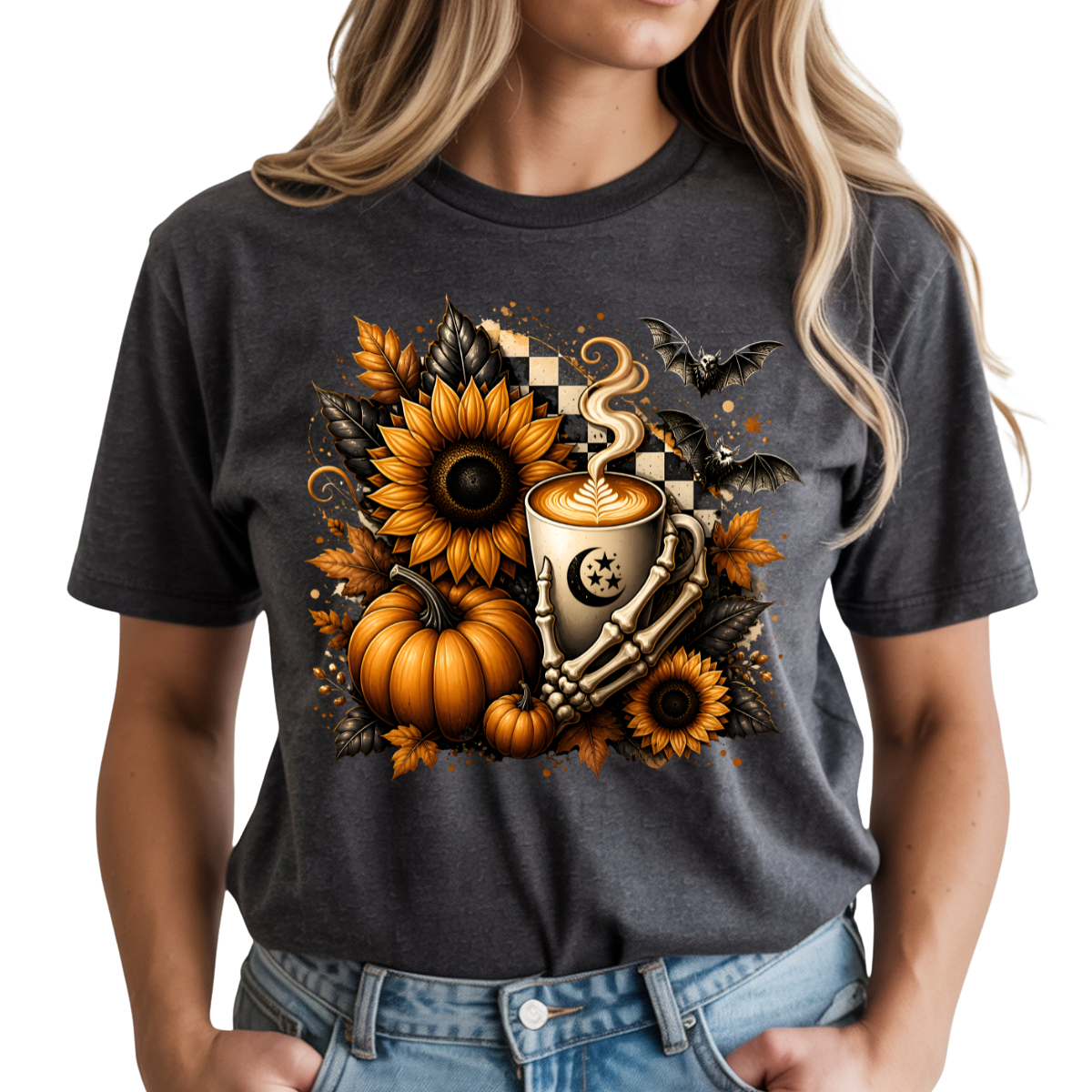 Sunflower Pumpkin Spice Skelly Hand DTF Transfer