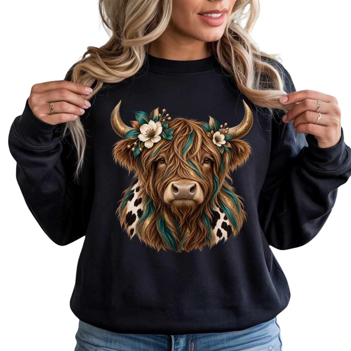 Turquoise Gold Cow Print Floral Highland Cow DTF Transfer