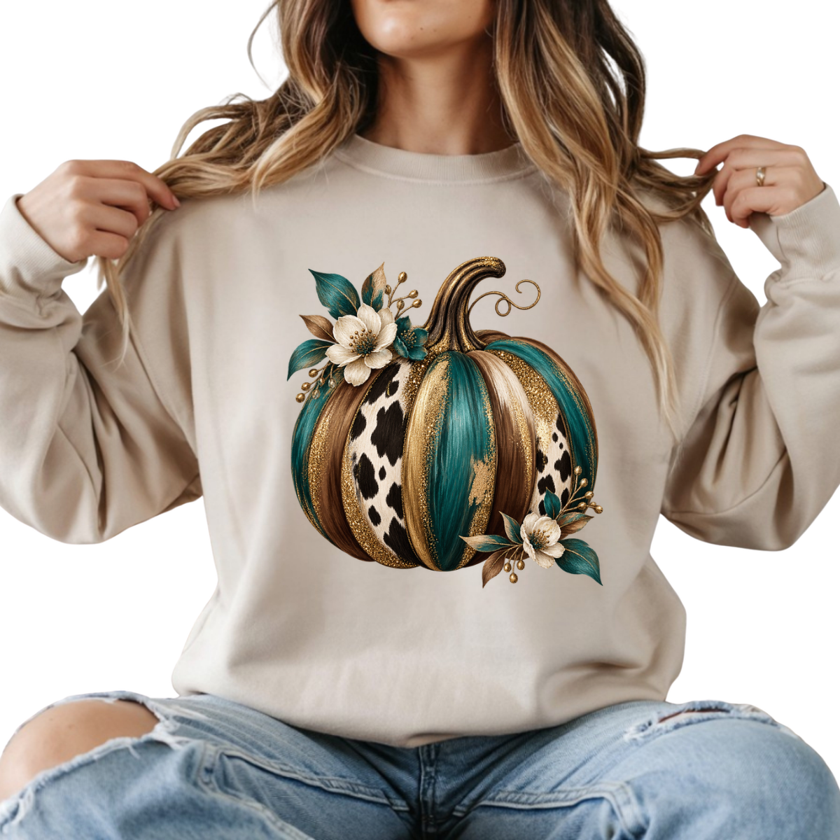 Turquoise Gold Cow Print Floral Pumpkin DTF Transfer