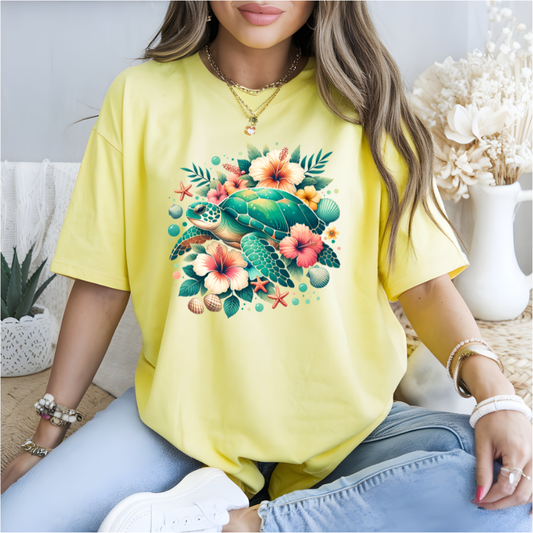 Turtle Tropical Flowers DTF Transfer