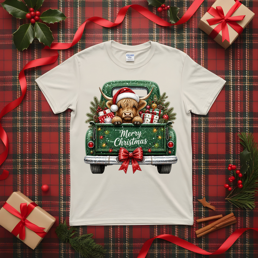 Merry Christmas Highland Cow Truck DTF Transfer