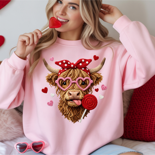 Valentines Faux Yarn Highland Cow w/ Sucker DTF Transfer