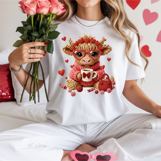 Valentines Faux Yarn Highland Cow w/ Coffee Cup DTF Transfer