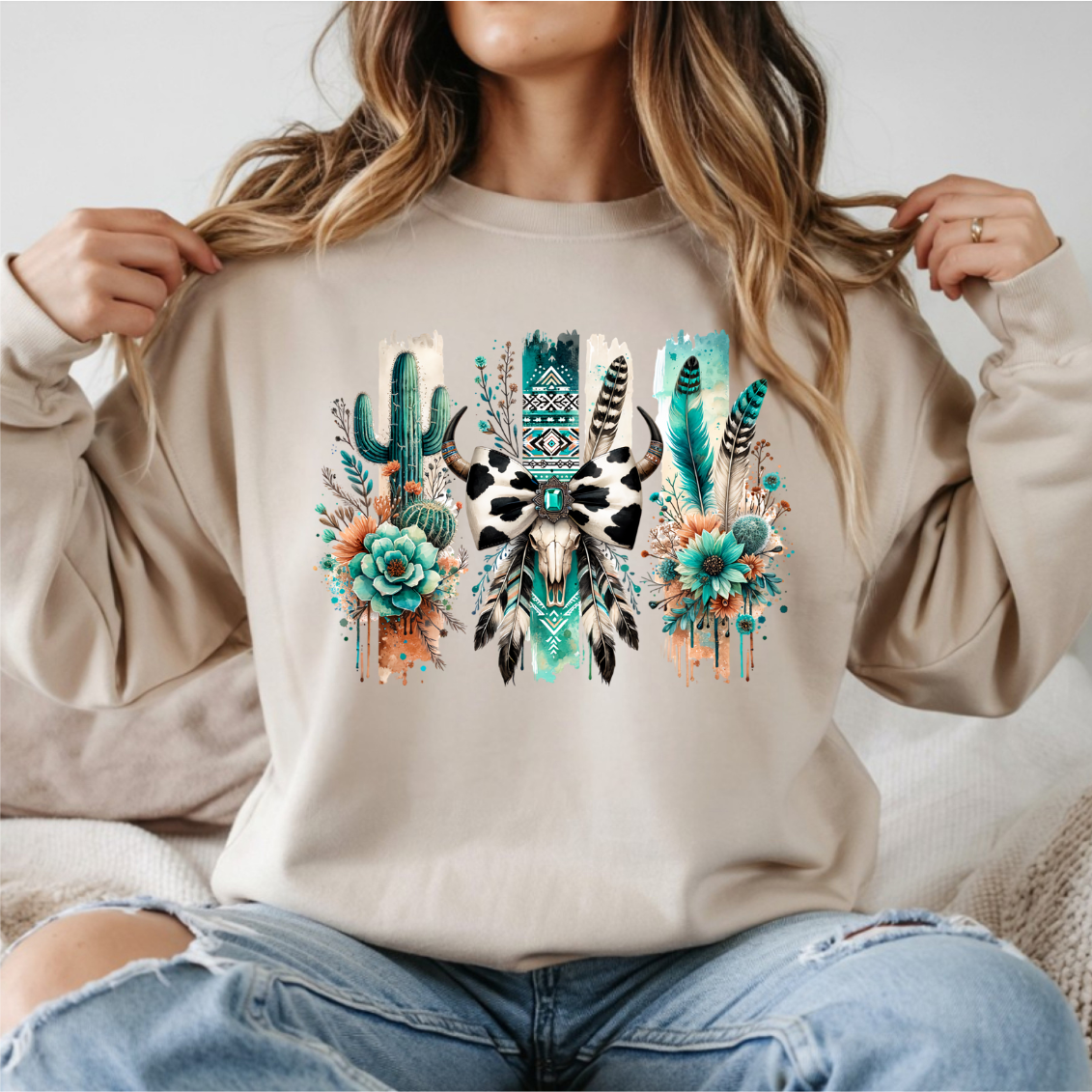 Western Cactus Skull Feather Bow DTF Transfer